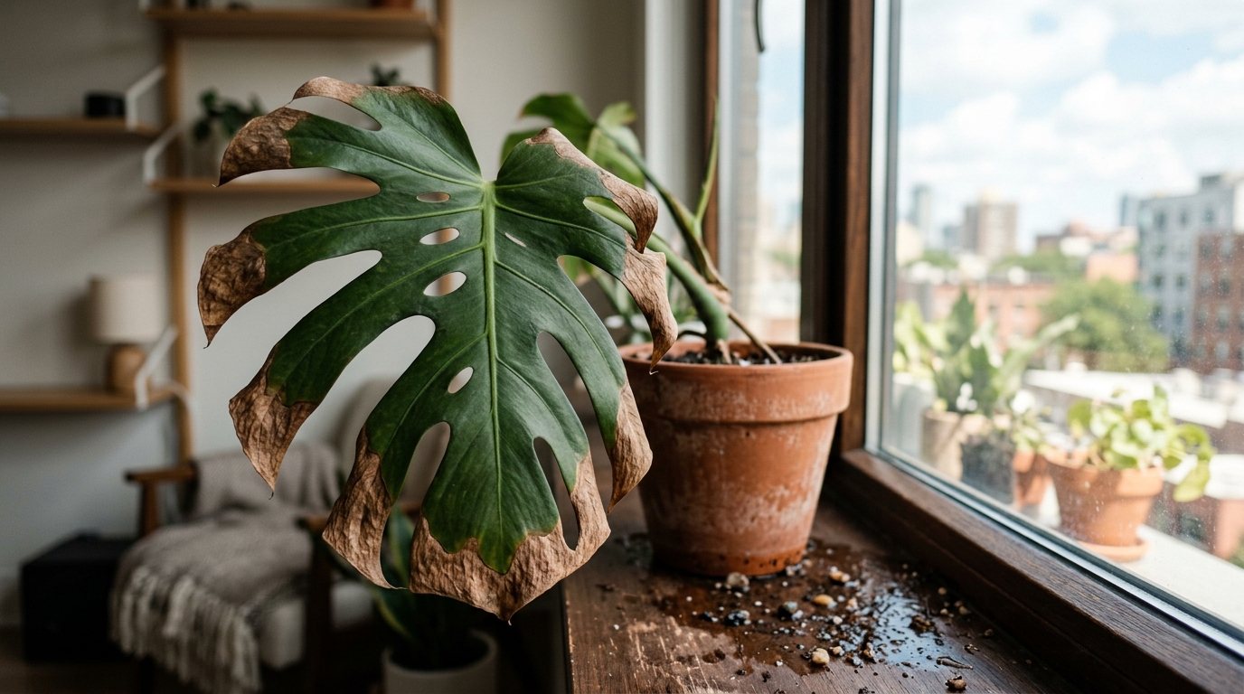 Monstera ma brązowe brzegi latem. Nie zawsze winne jest za małe podlewanie